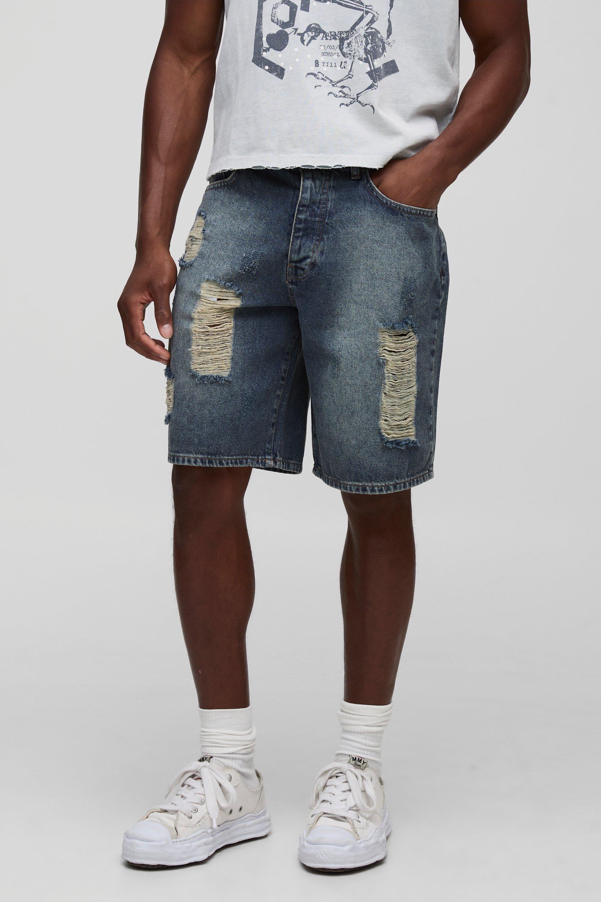 Relaxed Fit Antique Blue Ripped Denim Shorts